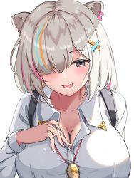Rule 34 | 1girl, absurdres, animal ears, blush, breasts, cleavage, collarbone, collared shirt, ear piercing, grey eyes, grey hair, hair ornament, hair over one eye, hairclip, hand on own chest, hashira 14, highres, hololive, large breasts, lion ears, lion girl, long sleeves, looking at viewer, multicolored hair, official alternate costume, open mouth, piercing, shirt, shishiro botan, shishiro botan (button-down), short hair, simple background, smile, solo, streaked hair, virtual youtuber, white background, white shirt, x hair ornament