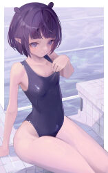 Rule 34 | 1girl, absurdres, arm support, black hair, blue eyes, blue one-piece swimsuit, blunt bangs, bob cut, breasts, closed mouth, clothes pull, commentary, groin, highleg, highleg swimsuit, highres, hololive, hololive english, looking at viewer, meiyan (boyimachao), mole, mole under eye, narrow waist, new school swimsuit, ninomae ina&#039;nis, official alternate hair length, official alternate hairstyle, one-piece swimsuit, one-piece swimsuit pull, paid reward available, petite, pointy ears, poolside, purple hair, school swimsuit, sitting, small breasts, solo, swimsuit, virtual youtuber, wet, wet hair, wide hips