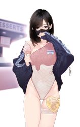 Rule 34 | 1girl, asymmetrical clothes, asymmetrical legwear, black hair, black mask, blue jacket, blush, bob cut, bridal garter, covered mouth, food, hand to own mouth, heart stickers, highleg, highleg leotard, highres, hitomi o, holding, holding food, ice cream, ice cream cone, jacket, lace, lace-trimmed legwear, lace trim, leotard, looking at viewer, name tag, open clothes, open jacket, original, print leotard, simple background, single bare shoulder, skindentation
