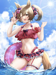 Rule 34 | 1girl, ;d, absurdres, bikini, bird, blue sky, bow, brown eyes, brown hair, checkered ribbon, cloud, day, frilled bikini, frills, hair bow, hair ribbon, highres, horse girl, horse tail, innertube, looking at viewer, ocean, one eye closed, open mouth, outdoors, partially submerged, pink bow, purple bow, red bikini, red bow, red ribbon, ribbon, ryuryu mt, short hair, sky, smart falcon (umamusume), smile, solo, sun, swim ring, swimsuit, tail, twintails, umamusume, v
