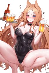 Rule 34 | 1girl, ?, @ @, absurdres, alcohol, alternate costume, animal ears, archetto (arknights), arknights, bare arms, bare legs, bare shoulders, barefoot, beer, beer mug, black leotard, blonde hair, blue eyes, blush, bow, bowtie, breasts, cleavage, covered navel, cup, detached collar, gluteal fold, hands up, heterochromia, highleg, highleg leotard, highres, holding, large breasts, leotard, lilac (k32420276), long hair, looking at viewer, mug, nontraditional playboy bunny, open mouth, red eyes, simple background, solo, squatting, strapless, strapless leotard, thighs, tray, very long hair, white background