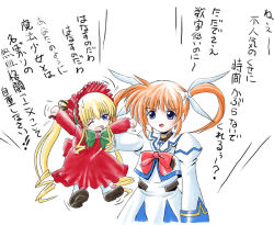 Rule 34 | 00s, 2girls, annoyed, arms up, blonde hair, bow, bowtie, brown footwear, crossover, doll, dress, drill hair, eyebrows, flying sweatdrops, full body, height difference, holding, imai kazunari, juliet sleeves, loafers, long hair, long sleeves, lyrical nanoha, mahou shoujo lyrical nanoha, multiple girls, niconico rpg, pantyhose, puffy long sleeves, puffy sleeves, red bow, red bowtie, red dress, rozen maiden, shinku, shoes, sidelocks, sweatdrop, takamachi nanoha, takamachi nanoha (original mode), talking, tareme, text focus, translation request, twintails, upper body, white background, white dress, white legwear