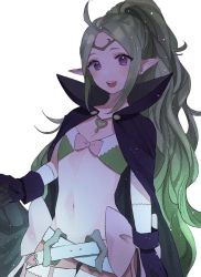 Rule 34 | 1girl, belt, black gloves, bow, cape, circlet, fire emblem, fire emblem awakening, gloves, green hair, long hair, midriff, navel, nintendo, nowi (fire emblem), open mouth, pink bow, pointy ears, ponytail, purple eyes, simple background, solo, tkm 4545, white background