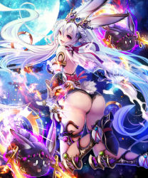 Rule 34 | 1girl, :3, animal ears, ass, bare shoulders, rabbit, rabbit ears, from behind, gem, gloves, high heels, jewelry, kether, knife, long hair, looking at viewer, looking back, moon, official art, open mouth, purple eyes, ring, shingoku no valhalla gate, smile, solo, very long hair, white hair
