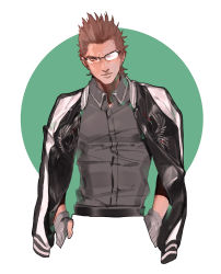 Rule 34 | 10s, 111111111 (leiyao), 1boy, brown hair, dress shirt, final fantasy, final fantasy xv, glasses, gloves, green background, hands in pockets, ignis scientia, jacket, male focus, shirt, solo