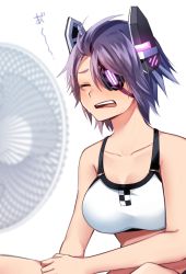 Rule 34 | 1girl, bare arms, bare shoulders, bikini, breasts, commentary request, electric fan, eyepatch, closed eyes, fanning face, headgear, highres, kantai collection, katsuobushi (eba games), large breasts, open mouth, purple hair, short hair, simple background, solo, sports bra, swimsuit, tenryuu (kancolle), upper body, white background