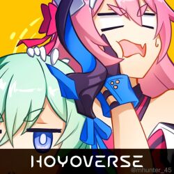 Rule 34 | 2girls, artist name, black gloves, blue eyes, blue hair, bright pupils, company name, fang, gloves, hair ornament, hand on another&#039;s cheek, hand on another&#039;s face, honkai (series), honkai impact 3rd, horns, liliya olenyeva, looking at viewer, mhunter 45, multiple girls, open mouth, pink hair, rozaliya olenyeva, siblings, single horn, skin fang, thick eyebrows, twins, v-shaped eyebrows, watermark, white pupils, yellow background