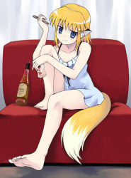 Rule 34 | 1girl, alcohol, animal ears, apricot, apricot (yamai), barefoot, blonde hair, blue eyes, blush, chemise, feet, fox ears, fox tail, full body, happy, indoors, looking at viewer, original, solo, tail, whiskey, yamai