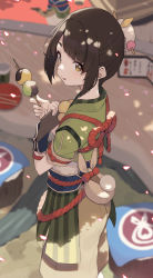 Rule 34 | 1girl, absurdres, brown eyes, brown hair, cloba, dango, eating, food, from above, hair ornament, hair stick, highres, holding, holding food, japanese clothes, kimono, looking at viewer, monster hunter (series), monster hunter rise, petals, short hair, solo, symbol-only commentary, wagashi