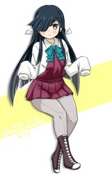 Rule 34 | 1girl, black hair, boots, bow, bowtie, brown eyes, cross-laced footwear, dated, full body, grey pantyhose, hair over one eye, halterneck, hayashimo (kancolle), invisible chair, kantai collection, lace-up boots, long hair, looking at viewer, masara (chuujou), pantyhose, school uniform, shirt, sitting, sleeves past fingers, sleeves past wrists, solo, twitter username, two-tone background, very long hair, white pantyhose, white shirt, yellow background