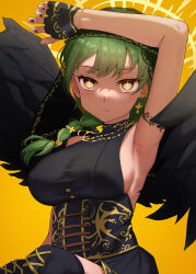 Rule 34 | 1girl, absurdres, armpits, black gloves, black wings, braid, breasts, closed mouth, commentary request, cross, cross-shaped pupils, cross earrings, earrings, fingerless gloves, gloves, gradient background, halo, highres, indie virtual youtuber, jewelry, large breasts, looking at viewer, masamika10086, medium hair, orange background, roma roma, single braid, symbol-shaped pupils, virtual youtuber, wings, yellow eyes, yellow halo