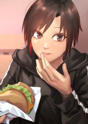 Rule 34 | 1girl, :p, black hoodie, brown eyes, brown hair, burger, food, gradient hair, hand to own mouth, highres, holding, holding food, hood, hood down, hoodie, kilye kairi, licking, licking finger, long sleeves, looking at viewer, multicolored hair, original, red hair, short hair, smile, solo, tongue, tongue out, upper body