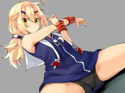 Rule 34 | 1girl, ahoge, azur lane, bare shoulders, bike shorts, blonde hair, closed mouth, flat chest, grey background, hair between eyes, hair ornament, hairclip, long hair, low ponytail, maury (azur lane), ponytail, sailor collar, sitting, smile, solo, spread legs, star (symbol), stretching, thighs, white sailor collar, wristband, yellow eyes, youhei 64d, zipper pull tab