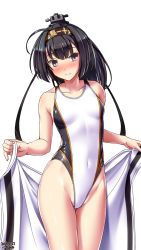 Rule 34 | 1girl, ahoge, akizuki (kancolle), bare shoulders, black hair, blush, breasts, closed mouth, clothes writing, collarbone, commentary request, competition swimsuit, covered navel, grey eyes, hair between eyes, hair ornament, hairband, headband, headgear, highleg, highleg swimsuit, highres, holding, kantai collection, long hair, looking at viewer, one-piece swimsuit, ponytail, simple background, skindentation, small breasts, solo, standing, swimsuit, towel, tsuchimiya, white background