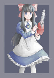 Rule 34 | 1girl, aya drevis, black hair, blue background, blue dress, blue eyes, blunt bangs, border, bow, chainsaw, dress, featherwings24, hair bow, holding, jewelry, juliet sleeves, long hair, long sleeves, mad father, outside border, pantyhose, parted lips, pendant, puffy sleeves, red bow, simple background, smile, solo, white pantyhose