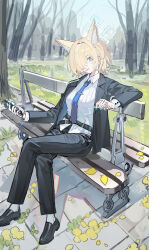 Rule 34 | 1girl, alternate costume, alternate hair length, alternate hairstyle, animal ear fluff, animal ears, aqua nails, bench, black footwear, black pants, blonde hair, blue archive, blue eyes, blue halo, blue necktie, breasts, collared shirt, day, echj, fingernails, hair over one eye, halo, highres, kanna (blue archive), large breasts, long sleeves, nail polish, necktie, pants, shirt, shoes, short hair, sitting, solo, white shirt