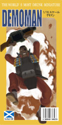 Rule 34 | 1boy, barcode, blouse, dark-skinned male, dark skin, demoman (tf2), english text, explosion, explosive, eyepatch, facial hair, grenade launcher, gun, highres, male focus, red demoman (tf2), red shirt, scottish flag, shirt, smile, solo, team fortress 2, weapon, who93