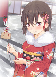 Rule 34 | 1girl, arrow (projectile), bad id, bad pixiv id, bell, blurry, blurry background, blush, brown hair, day, depth of field, ema, floral print, flower, fur collar, hair flower, hair ornament, hamaya, highres, japanese clothes, jingle bell, kimono, long sleeves, mikazuchi zeus, original, outdoors, parted lips, red eyes, red kimono, sash, short hair, smile, solo, tassel, upper body, wide sleeves, yukata