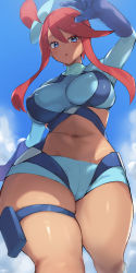 Rule 34 | 1girl, absurdres, blue eyes, blue gloves, blue sky, blush, breasts, cloud, creatures (company), dated, day, game freak, gloves, hair between eyes, hair ornament, highres, large breasts, long hair, looking at viewer, navel, nintendo, open mouth, pokemon, pokemon bw, red hair, shiny skin, short shorts, shorts, signature, sky, skyla (pokemon), solo, suurin (ksyaro), teeth, thick thighs, thighs, upper teeth only, wide hips