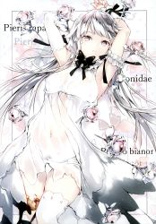 Rule 34 | 1girl, absurdres, arm garter, armpits, arms up, dress, elbow gloves, fukuda935, glint, gloves, highres, latin text, long hair, navel, original, panties, parted lips, purple eyes, scan, see-through, silver hair, single elbow glove, single thighhigh, solo, thighhighs, thighlet, twintails, underwear, white dress, white gloves, white panties, white thighhighs