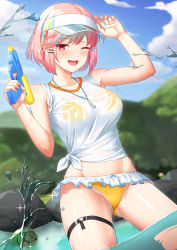 Rule 34 | 1girl, :d, absurdres, arm up, armpits, bikini, bikini under clothes, breasts, collarbone, cowboy shot, food, fruit, hair ornament, hairclip, highres, holding, holding water gun, jewelry, large breasts, looking at viewer, midriff, necklace, one eye closed, open mouth, oretahone, original, outdoors, pink hair, red eyes, see-through, shirt, short hair, smile, swimsuit, swimsuit under clothes, thigh strap, thighs, tied shirt, visor cap, water drop, water gun, watermelon, wet, wet clothes, yellow bikini