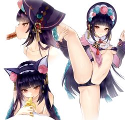 Rule 34 | 1girl, animal ears, banana, bikini, blue hair, blunt bangs, blush, braid, breasts, capelet, cat ears, fake animal ears, food, fruit, fur trim, genshin impact, hime cut, hot dog, leg up, legs, licking, long hair, long sleeves, looking at viewer, multicolored hair, navel, open mouth, purple hair, red eyes, simple background, small breasts, strap slip, suumao, swimsuit, tank top, tongue, tongue out, twin braids, two-tone hair, underboob, white background, yun jin (genshin impact)