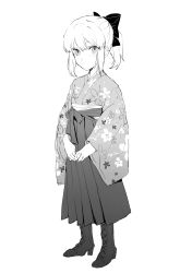 Rule 34 | 1girl, absurdres, black ribbon, boots, cross-laced footwear, fate/grand order, fate (series), greyscale, hakama, hakama skirt, high heel boots, high heels, highres, japanese clothes, kimono, lace-up boots, looking at viewer, monochrome, okita souji (fate), okita souji (koha-ace), ribbon, skirt, solo, white background, wide sleeves, aged down, yurumawari