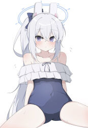 Rule 34 | 1girl, animal ears, bare arms, bare legs, bare shoulders, black one-piece swimsuit, blue archive, blue halo, blush, closed mouth, collarbone, covered navel, fake animal ears, flying sweatdrops, frilled one-piece swimsuit, frills, grey hair, halo, highres, long hair, looking at viewer, miyako (blue archive), miyako (swimsuit) (blue archive), off-shoulder one-piece swimsuit, off shoulder, official alternate costume, one-piece swimsuit, ponytail, purple eyes, rabbit ears, ruo (wakasagi c), simple background, solo, swimsuit, white background