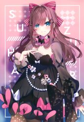 Rule 34 | 1girl, absurdres, black dress, blue eyes, blue nails, bow, brown hair, closed mouth, dress, earrings, hair bow, hair intakes, hair ornament, hand on own chest, heart, heart earrings, highres, jewelry, long sleeves, looking at viewer, nijisanji, pink background, saine, scan, smile, solo, suzuhara lulu, virtual youtuber, x hair ornament