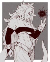 Rule 34 | 1girl, abs, absurdres, android 21, arabian clothes, bare shoulders, bracelet, breasts, choker, cleavage, dragon ball, dragon ball fighterz, earrings, electricity, energy, energy ball, gold bracelet, grey background, greyscale, hand up, highres, jewelry, large breasts, long hair, looking at viewer, looking to the side, majin android 21, monochrome, muscular, muscular female, navel, pointy ears, simple background, sketch, speedl00ver, tail, underboob, veins, very long hair