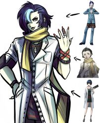 Rule 34 | 1boy, absurdres, arrow (symbol), blue hair, chimerism, commentary, ear piercing, english commentary, fusion, gimmie20dollas, highres, jewelry, lab coat, mishina eikichi, mochizuki ryouji, mole, mole above mouth, mole under eye, necklace, official art inset, one eye closed, persona, persona 2, persona 3, persona 5, piercing, red eyes, ring, scarf, takemi tae, tongue, tongue out, watch, wristband, wristwatch, yellow scarf