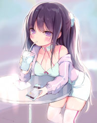 Rule 34 | 1girl, bare shoulders, black hair, blush, breasts, choker, collarbone, cup, disposable cup, dress, drinking, drinking straw, hair ornament, hair scrunchie, highres, holding, holding cup, holding phone, jacket, long hair, long sleeves, looking at viewer, off shoulder, open clothes, open jacket, original, over-kneehighs, phone, purple eyes, purple jacket, scrunchie, solo, thighhighs, two side up, very long hair, white thighhighs, yukari (rihenara doll)