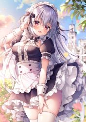 Rule 34 | 1girl, :d, apron, black dress, blurry, blurry background, blush, breasts, building, cleavage, cloud, commentary request, depth of field, dress, frilled apron, frills, grey hair, hair between eyes, hand up, long hair, looking at viewer, medium breasts, mitsuba choco, open mouth, original, outdoors, puffy short sleeves, puffy sleeves, red eyes, short sleeves, smile, solo, sunset, thighhighs, tower, twitter username, very long hair, waist apron, white apron, white thighhighs, wrist cuffs