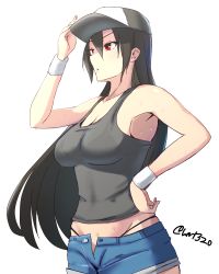 Rule 34 | &gt;:o, 10s, 1girl, :o, alternate costume, bare arms, bare shoulders, black bra, black hair, bra, breasts, casual, cowboy shot, denim, denim shorts, hair between eyes, hand on own hip, hat, hayabusa, highleg, highleg panties, jockey, kantai collection, large breasts, long hair, looking away, nagato (kancolle), open mouth, panties, red eyes, see-through, shorts, simple background, solo, string panties, tank top, underwear, upper body, v-shaped eyebrows, white background