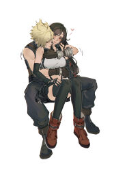Rule 34 | 1boy, 1girl, baggy pants, bare shoulders, bike shorts under skirt, black footwear, black gloves, black hair, black skirt, black thighhighs, blonde hair, blush, boots, breasts, brown gloves, brown hair, closed eyes, closed mouth, cloud strife, commentary, couple, crop top, elbow gloves, final fantasy, final fantasy vii, final fantasy vii remake, fingerless gloves, full body, gloves, head on another&#039;s shoulder, heart, hug, hug from behind, invisible chair, large breasts, long hair, low-tied long hair, midriff, one eye closed, pants, pudelmudel, red eyes, red footwear, short hair, single arm guard, sitting, sitting on lap, sitting on person, skirt, sleeveless, sleeveless turtleneck, smile, spiked hair, suspender skirt, suspenders, sweater, swept bangs, tank top, thighhighs, tifa lockhart, turtleneck, turtleneck sweater, very long hair, white background, white tank top