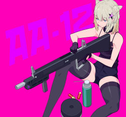 Rule 34 | 12-gauge, 1girl, aa-12, aa-12 (girls&#039; frontline), ammunition, automatic shotgun, bare arms, bare shoulders, black gloves, black shorts, black tank top, black thighhighs, blue eyes, blunt bangs, candy, character name, combat shotgun, commentary request, cone hair bun, detached collar, drum magazine, feet out of frame, flat chest, food, food in mouth, girls&#039; frontline, gloves, gun, hair between eyes, hair bun, hair ornament, high-capacity magazine, highres, holding, holding weapon, knee up, lollipop, long hair, looking at object, magazine (weapon), mouth hold, pink background, purple gloves, short shorts, shorts, shotgun, shotgun shell, sidelocks, silver hair, simple background, sitting, solo, spaghetti strap, spray can, spread legs, star (symbol), star hair ornament, sugimoto takeshi, tank top, thighhighs, thighs, trigger discipline, two-tone gloves, weapon, zipper, zipper pull tab
