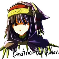Rule 34 | 1girl, beatrice bell nolan, female focus, hat, knights in the nightmare, plainbox, purple hair, red eyes, simple background, solo