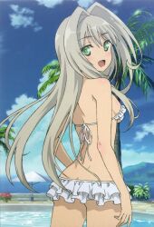 Rule 34 | 1girl, ass, bikini, breasts, emilia hermit, green eyes, grey hair, highres, hundred (light novel), legs, long hair, looking at viewer, looking back, official art, open mouth, pool, sideboob, small breasts, smile, solo, swimsuit, thighs, water
