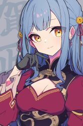 1girl bang_dream! bang_dream!_it&#039;s_mygo!!!!! bell black_gloves blue_hair breasts chinese_commentary cleavage cleavage_cutout closed_mouth clothing_cutout commentary_request earrings gloves hair_bell hair_ornament highres jewelry long_hair looking_at_viewer medium_breasts oblivionis_(bang_dream!) red_shirt shirt sidelocks smile solo togawa_sakiko upper_body yellow_eyes zhong_xiansheng