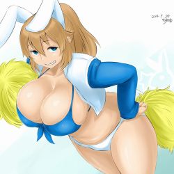 Rule 34 | 10s, 1girl, 2014, animal ears, bad id, bad pixiv id, blue eyes, breasts, brown hair, charlotte e. yeager, cheerleader, cleavage, cowboy shot, curvy, dated, grin, huge breasts, long hair, looking at viewer, plump, pom pom (cheerleading), rabbit ears, rabbit girl, smile, solo, soranona (soranosuke), strike witches, thick thighs, thighs, wide hips, world witches series