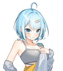Rule 34 | 1girl, :3, \||/, absurdres, ahoge, arahashi tabi, armpits, bandage on face, bandages, bare shoulders, blue eyes, blue hair, blush, breasts, cleavage, closed mouth, commentary request, detached sleeves, fingernails, firehippo, grey jumpsuit, grey sleeves, grey sports bra, hair intakes, hair ornament, hairclip, hand on own chest, hand up, highres, jewelry, jumpsuit, looking at viewer, looking to the side, medium breasts, multiple necklaces, necklace, open jumpsuit, pendant, pink nails, short hair, simple background, smile, smug, solo, sports bra, stellive, swept bangs, thick eyelashes, upper body, v-shaped eyebrows, virtual youtuber, white background
