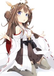 Rule 34 | 10s, 1girl, :o, ahoge, blue eyes, brown hair, chestnut mouth, detached sleeves, double bun, grey thighhighs, hair bun, hairband, headgear, highres, kantai collection, kongou (kancolle), long hair, looking at viewer, mafu9, nontraditional miko, open mouth, ribbon-trimmed sleeves, ribbon trim, solo, thighhighs, wide sleeves