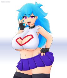 Rule 34 | 1girl, absurdres, animal collar, black gloves, black thighhighs, blue hair, blue skirt, breasts, cleavage cutout, clothing cutout, collar, cowboy shot, crop top, depthsofmind, fellatio gesture, female focus, fingerless gloves, friday night funkin&#039;, gloves, hand on own hip, heart, heart-shaped pupils, heart cleavage cutout, heart cutout, highres, long hair, looking at viewer, midriff, miniskirt, navel, open mouth, purple eyes, saliva, shirt, skirt, sky (friday night funkin&#039;), solo, symbol-shaped pupils, thighhighs, tongue, tongue out, underboob, white background, white shirt