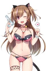 Rule 34 | between breasts, bikini, blush, breasts, brown hair, earrings, girls&#039; frontline, heart o-ring, heart ring bottom, highres, jewelry, large breasts, long hair, looking at viewer, mk23 (girls&#039; frontline), navel, necklace, one eye closed, open mouth, pink eyes, skindentation, solo, swimsuit, water gun, white background, zhi zhi/zu zu