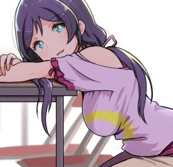 Rule 34 | 10s, 1girl, blouse, blush, breasts, chair, clothing cutout, from side, green eyes, hair ribbon, hanging breasts, large breasts, leaning forward, long hair, looking at viewer, love live!, love live! school idol festival, love live! school idol project, on chair, open mouth, purple hair, purple shirt, ribbon, shadow, shipii (jigglypuff), shirt, shoulder cutout, sitting, smile, solo, table, tojo nozomi, twintails