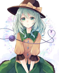 Rule 34 | 1girl, :o, alternate hair length, alternate hairstyle, aqua hair, between legs, black hat, collar, commentary request, crescent moon, frilled shirt collar, frilled skirt, frilled sleeves, frills, green collar, green eyes, green skirt, hair between eyes, hand between legs, hat, hat ribbon, heart, heart-shaped pupils, heart of string, highres, komeiji koishi, looking at viewer, medium hair, moon, partial commentary, remokawa, ribbon, shirt, sitting, skirt, sleeves past elbows, solo, star (symbol), starry background, symbol-shaped pupils, third eye, touhou, upper body, white background, yellow shirt