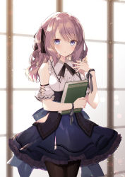 Rule 34 | 1girl, :o, backlighting, bare shoulders, black neckwear, black pantyhose, black ribbon, blue eyes, blue skirt, blush, book, breasts, brown hair, chromatic aberration, commentary request, cowboy shot, detached sleeves, fingernails, hair ribbon, highres, holding, holding book, indoors, lens flare, long hair, looking at viewer, medium breasts, original, pantyhose, petticoat, puffy short sleeves, puffy sleeves, purin jiisan, ribbon, shirt, short sleeves, skirt, solo, standing, swept bangs, two side up, white shirt, window, wrist ribbon