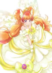 Rule 34 | 1girl, amanogawa kirara, bare shoulders, bow, chocokin, choker, cure twinkle, cure twinkle (dress up premium), dress, dress up premium (go! princess precure), earrings, go! princess precure, jewelry, long hair, looking at viewer, low-tied long hair, magical girl, mode elegant (go! princess precure), multicolored hair, orange hair, precure, purple eyes, quad tails, red hair, simple background, smile, solo, star (symbol), streaked hair, twintails, two-tone hair, white background, yellow bow, yellow dress