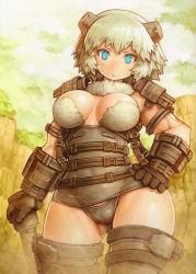 Rule 34 | 1girl, absurdres, armor, blue eyes, breasts, colossus, curvy, facial mark, fur, giant, giantess, grey hair, highres, hip focus, horns, large breasts, looking at viewer, muscular, muscular female, panties, personification, scan, shadow of the colossus, shigatake, short hair, solo, thick eyebrows, underwear, valus (shadow of the colossus), wide hips