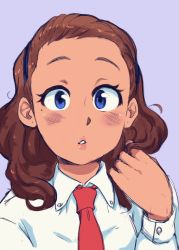 Rule 34 | 1girl, akiosketch, bangs pinned back, blue eyes, blush, brown hair, collared shirt, hairband, hand up, highres, mole, mole under eye, necktie, original, parted lips, purple background, red necktie, shirt, simple background, solo, upper body, white shirt, wing collar